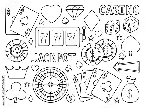 Hand drawn set of casino doodle. Gambling entertainment in sketch style. Casino chip, cards, roulette, money, poker. Vector illustration isolated on white background.