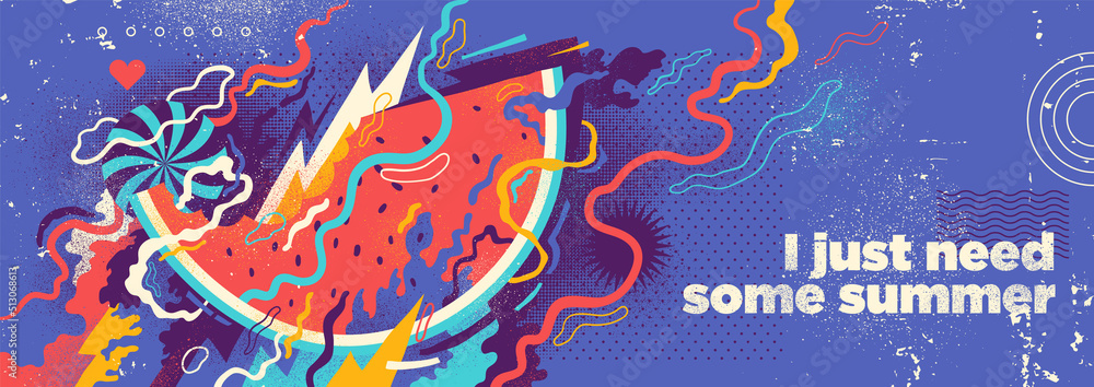 Abstract summer background design in grungy style with watermelon and colorful splashes. Vector illustration. Abstract summer background design in grungy style with watermelon and colorful splashes. Vector illustration.