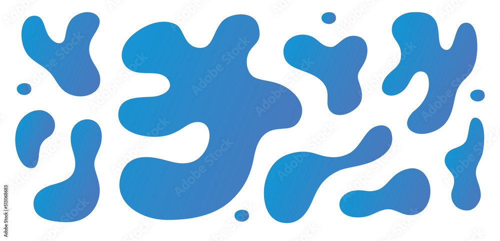 Abstract vector background geometric fluid paint splash frame shapes, blue wavy liquid amoeba spot bage blots composition set, beautiful isolated flat gradient design elements. Abstract vector background geometric fluid paint splash frame shapes, blue wavy liquid amoeba spot bage blots composition set, beautiful isolated flat gradient design elements.