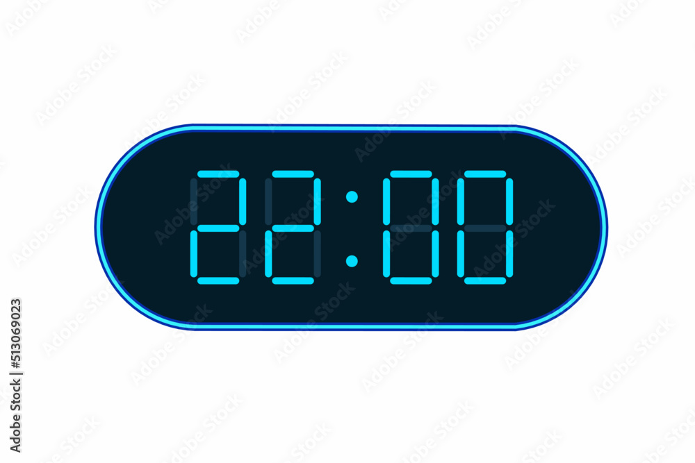 Vector flat illustration of a digital clock displaying 22.00 . Illustration of alarm with digital number design. Clock icon for hour, watch, alarm signs Vector flat illustration of a digital clock displaying 22.00 . Illustration of alarm with digital number design. Clock icon for hour, watch, alarm signs