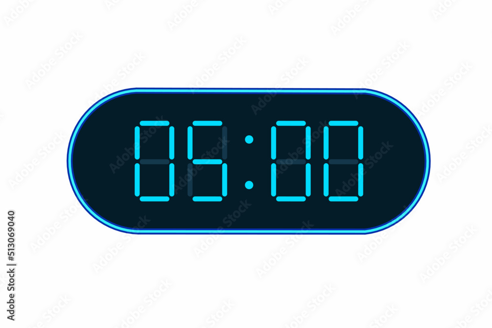 Vector flat illustration of a digital clock displaying 05.00 . Illustration of alarm with digital number design. Clock icon for hour, watch, alarm signs Vector flat illustration of a digital clock displaying 05.00 . Illustration of alarm with digital number design. Clock icon for hour, watch, alarm signs
