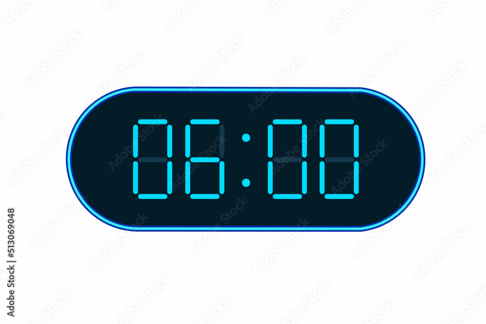 Vector flat illustration of a digital clock displaying 06.00 . Illustration of alarm with digital number design. Clock icon for hour, watch, alarm signs Vector flat illustration of a digital clock displaying 06.00 . Illustration of alarm with digital number design. Clock icon for hour, watch, alarm signs