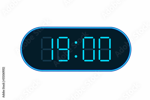 Vector flat illustration of a digital clock displaying 19.00 . Illustration of alarm with digital number design. Clock icon for hour, watch, alarm signs