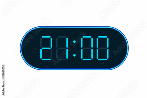 Vector flat illustration of a digital clock displaying 21.00 . Illustration of alarm with digital number design. Clock icon for hour, watch, alarm signs