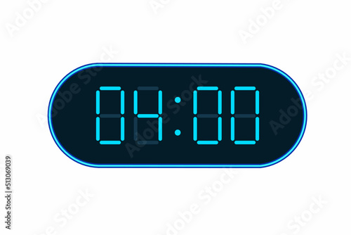 Vector flat illustration of a digital clock displaying 04.00 . Illustration of alarm with digital number design. Clock icon for hour, watch, alarm signs