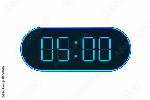 Vector flat illustration of a digital clock displaying 05.00 . Illustration of alarm with digital number design. Clock icon for hour, watch, alarm signs