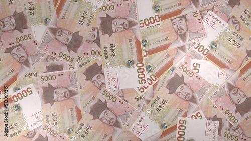 5000 South Korean won bills background. Many banknotes. Finance. KRW. Business concept.  photo