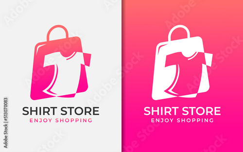 Modern Fashion Shop Logo Design with Shirt and Shopping Bag Combination Concept.