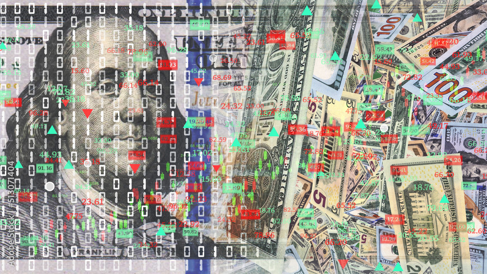Fototapeta premium Digital US dollars and stock market tickers in the new economy