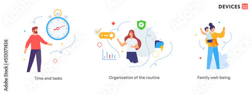 People use gadgets. set of icons, illustration. Family protection, investment, real estate, home. Flat illustration Icons infographics. Landing page site print poster.