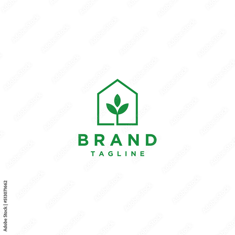 Greenhouse Logo and Leaves In Simple Lines. Minimalist house logo design with leaves inside. Greenhouse Logo and Leaves In Simple Lines. Minimalist house logo design with leaves inside.