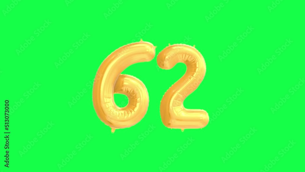 Gold Helium Letter Balloon With Number 62. Green Screen And Alpha Luma Matte Channel. Loop Animation. Gold Helium Letter Balloon With Number 62. Green Screen And Alpha Luma Matte Channel. Loop Animation.