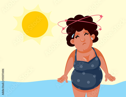 Woman Suffering a Heat Stroke at the Beach Vector Cartoon Drawing Illustration. Unhappy adult feeling dizzy having headache from sunstroke 
