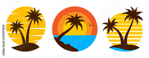 Tropical palm tree landscape travel logo flat set. Sunrise sunset island emblem tourism firm signage exotic nature sea surf. Subtropical summer design template flyer ads vintage isolated circle