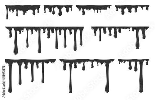 Dripping frame melty liquid drop current black set. Creamy smooth texture juice honey yogurt chocolate flow poison soft sweet dessert graffiti drop paint icon design frame border cartoon isolated