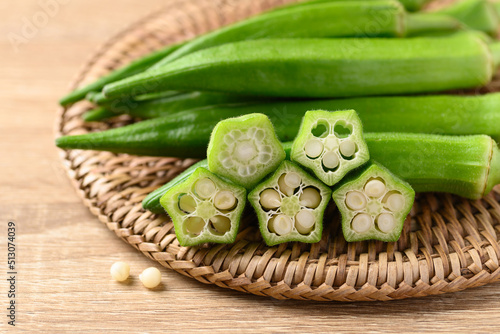 Green okra or ladies fingers (Edible green seed pods), Organic vegetables from local farmer market