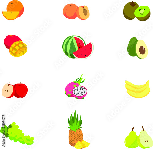 Fototapeta Naklejka Na Ścianę i Meble -  A collection of twelve fruits. Apple, pitahaya(dragon fruit), banana, grape, pineapple, pear, orange, peach, kiwi, mango, watermelon and avocado isolated on white background