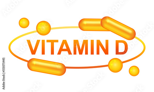 Vitamin D medical pill capsule. Cholecalciferol diet food supplement tablet. Deficiency sun light. Chemical multivitamin medicament. Mineral nutrition supply. Healthy eating. Healthcare product vector