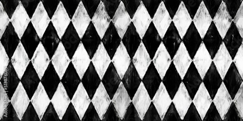 Seamless painted diamond harlequin black and white artistic acrylic paint texture background. Creative grunge monochrome hand drawn rhombus mosaic tiles tileable surface pattern design. 3D Rendering.. photo