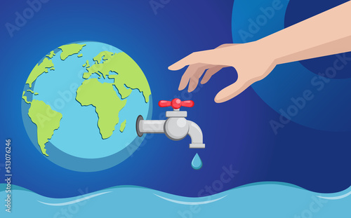 Vector illustration water waste concept, planet earth with a water faucet and a hand. water faucet