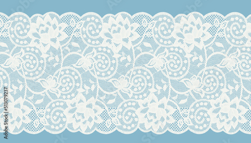 WIDE IVORY SCALLOPED LACE TRIM ON BLUE BACKGROUND