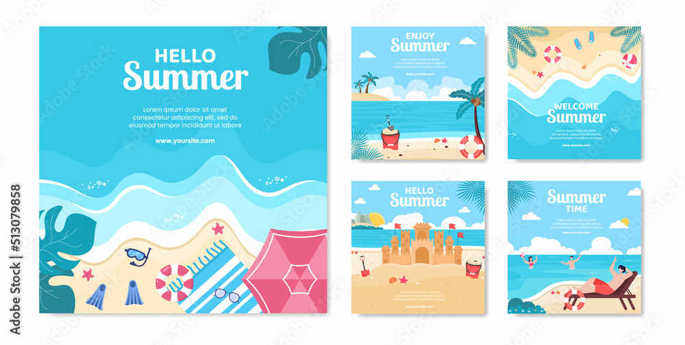 Obraz premium Hello Summer Social Media Post Template Flat Cartoon Background Vector Illustration