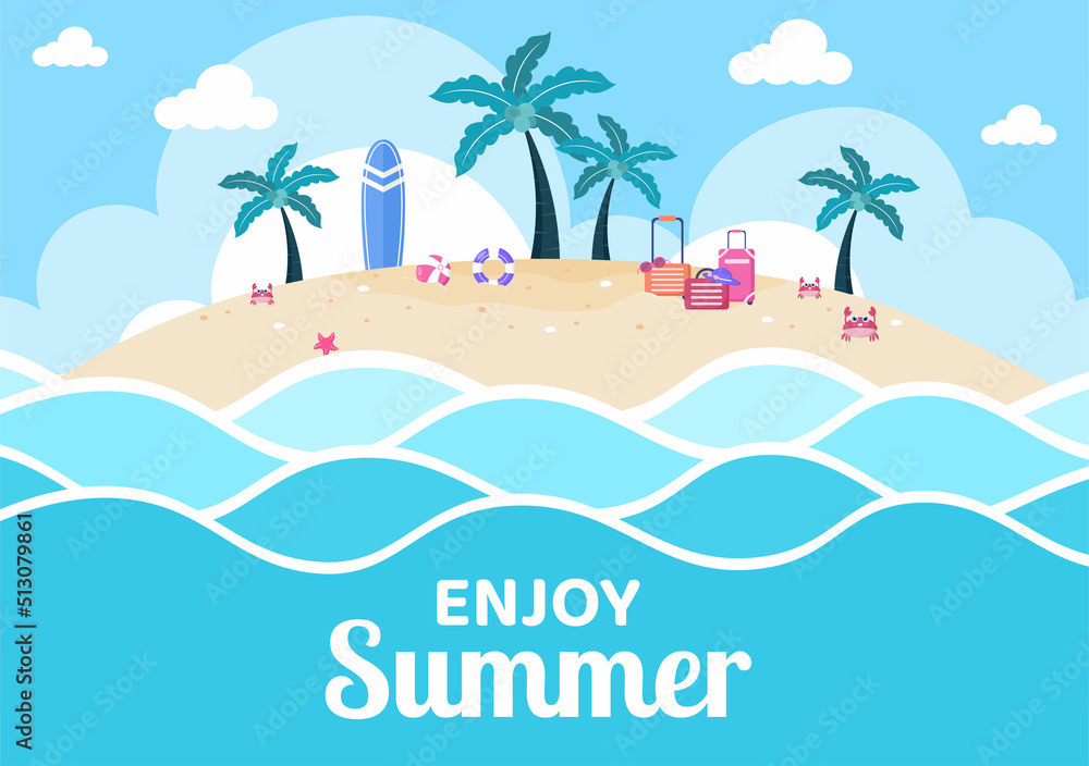Fototapeta premium Hello Summer Social Media Template Flat Cartoon Background Vector Illustration