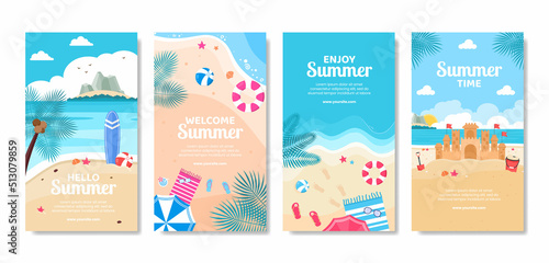 Hello Summer Social Media Stories Template Flat Cartoon Background Vector Illustration