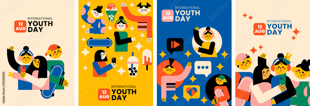 Naklejka premium International youth day 21 August geometric vector collection. Book cover, background, set illustration.