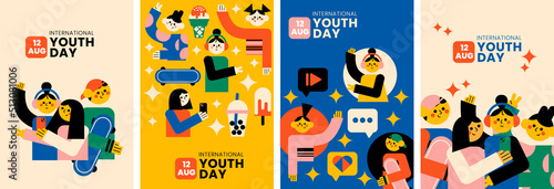 International youth day 21 August geometric vector collection. Book cover, background, set illustration. 