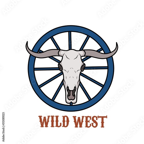 illustration vector of long horn bull and wagon wheel perfect for print,etc.
