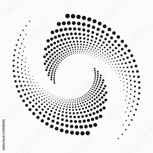 Halftone design element. Abstract background. Dotted round logo. Halftone swirl object. Halftone dots circle texture, pattern, object. Vector art illustration.
