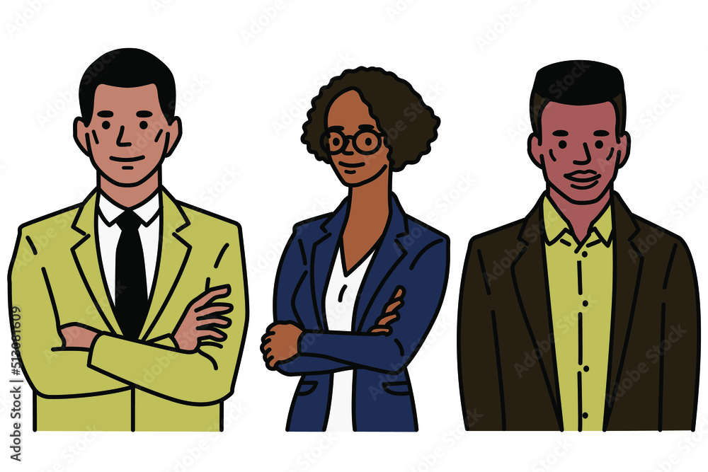 Cute character illustration of male and female african American business people, smiling with formal suit. Outline, thin line art, hand drawn sketch design, simple style. Cute character illustration of male and female african American business people, smiling with formal suit. Outline, thin line art, hand drawn sketch design, simple style.