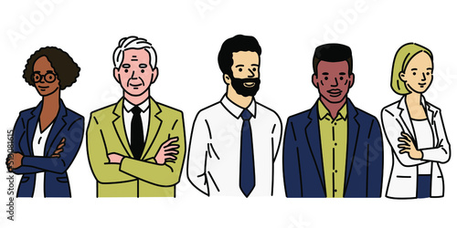 Cute character illustration of businessman and woman in teamwork concept, diverse, multiethnic, happy with togetherness. Outline, thin line art, hand drawn sketch, simple style.