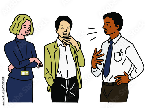 Cute character illustration of multiracial businesspeople enjoy talking in relaxed time and laughing together. Business concept in happy teamwork. Outline, linear, thin line art, hand drawn sketch. 