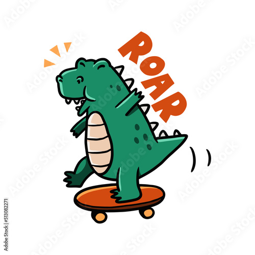 joyful dino play skateboard. cute dinosaur illustration hand drawn design. cute dino in childish style.