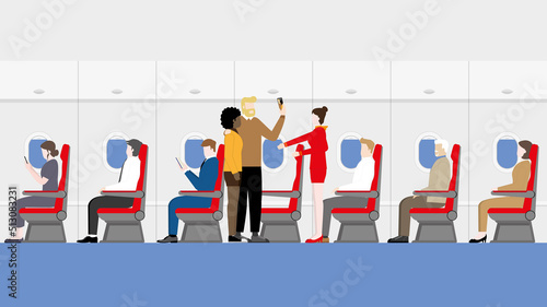 Travel, tourism, vacation, flight, airline business and high density tourist concept after pandemic covid-19 coronavirus. Selfie passengers and cabin crew air hostess boarding in the aircraft cabin.