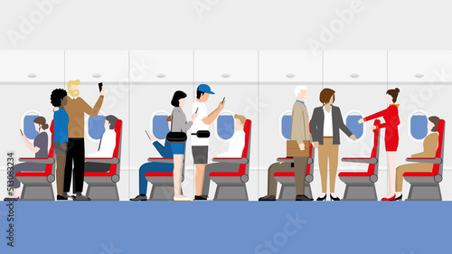Travel, tourism, vacation, flight, airline business and high density tourist concept after pandemic covid-19 coronavirus. Crowded passengers and cabin crew air hostess boarding in the aircraft cabin.