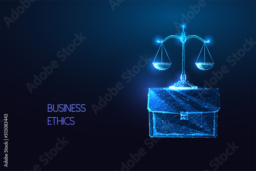 Concept of business ethics, core values in futuristic glowing low polygonal style on blue backgound