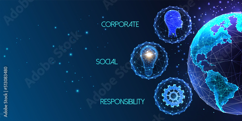 Concept of Corporate social responsibility CSR in futuristic glowing low polygonal style on blue