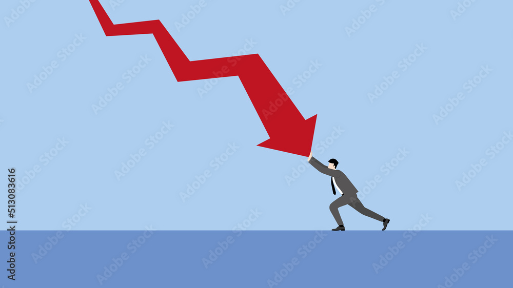 A minimal style of a red down graph of the financial crisis, economic downturn, inflation, recession,  failure, bankruptcy, and crisis concept. A businessman pushes a decrease business chart diagram. - obrazy, fototapety, plakaty 