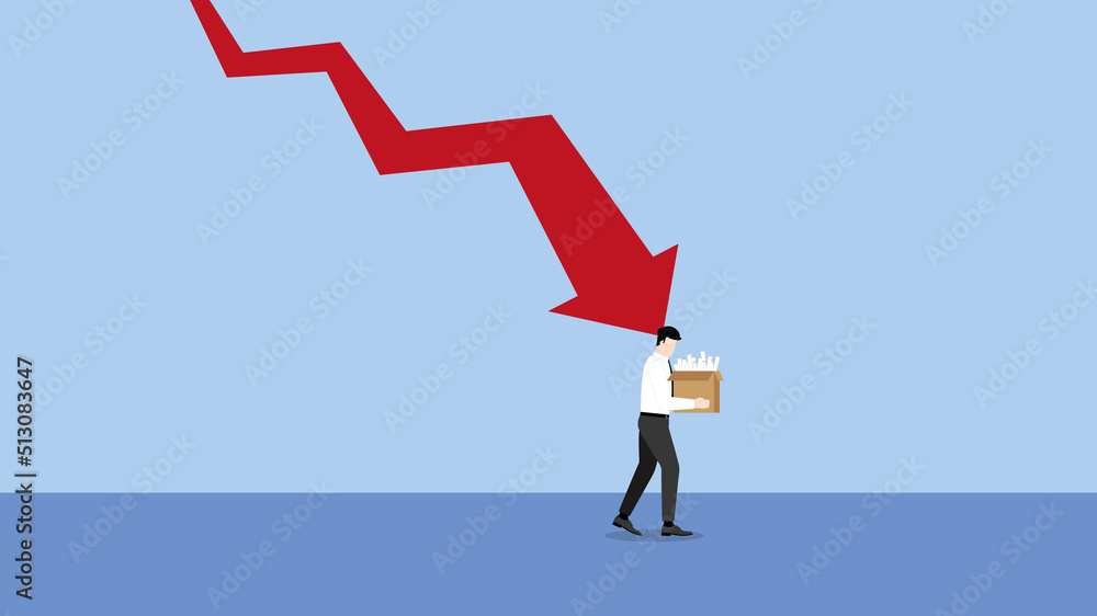 Fototapeta premium A minimal style of a red decrease graph. Fired and losing a job, unemployment, financial crisis, economic downturn, jobless, lay off concept. A depress and stress businessman, an employee holds a box.