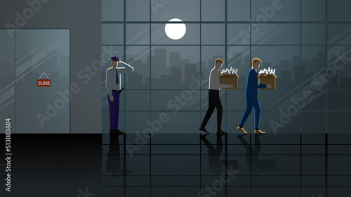 ฺีBusiness close down, fired, unemployment, financial crisis, economic downturn, jobless, lay off concept. A depressed and stressed businessman, an employee holds a box leaving from closed company.
