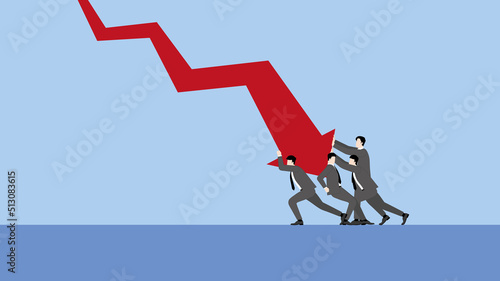A minimal style of a red down graph of the financial crisis, economic downturn, inflation, recession,  failure, bankruptcy, and crisis concept. Businessmen team push a decrease business chart diagram. photo
