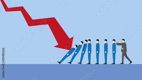 A minimal style of a red down graph of the financial crisis, economic downturn, inflation, recession,  bankruptcy, and crisis concept. A businessman pushes to resist a domino effect to stop failure.