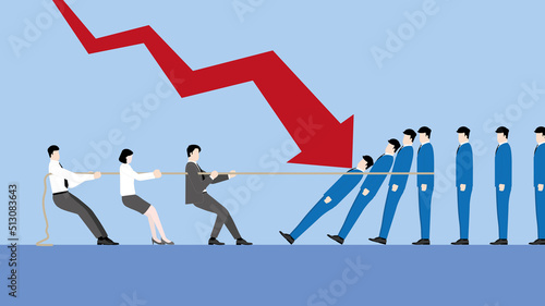 A minimal style of a red down graph of the financial crisis, economic downturn, inflation, recession, failure, bankruptcy concept. A business team with leader pulls a tug of war to stop domino effect.