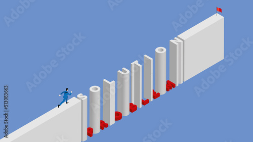 Business challenge, contest, trouble, motivation, ambition, success, achievement concept. Businessman runs on step text SOLUTION alternate with red trap obstacle word PROBLEM, aim to red flag goal.