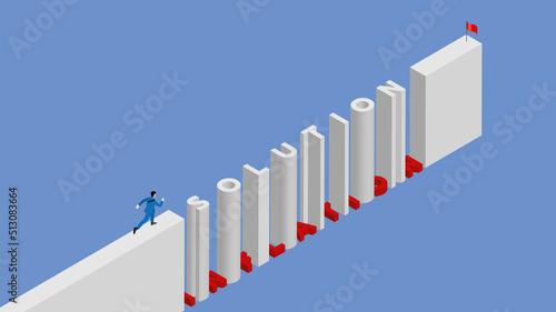 Business challenge, contest, trouble, motivation, ambition, success, achievement concept. Businessman runs on step text SOLUTION alternate with red trap obstacle word INFLATION, aim to red flag goal.