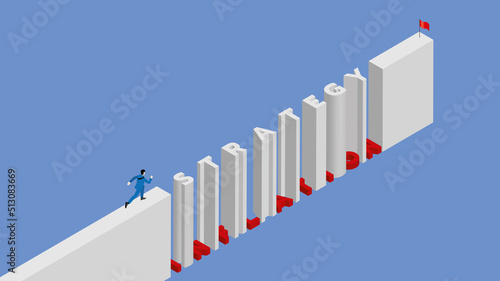 Business challenge, contest, trouble, motivation, ambition, achievement concept. Businessman runs on step text STRATEGY alternate with red trap obstacle word INFLATION, target to red flag goal. photo