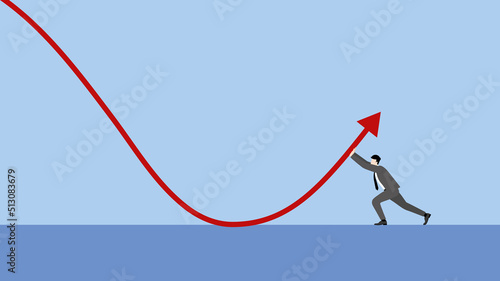 A minimal style of a red down graph of the financial crisis, economic downturn, inflation, recession, failure, bankruptcy, and crisis concept. A businessman push up a decrease business chart diagram.